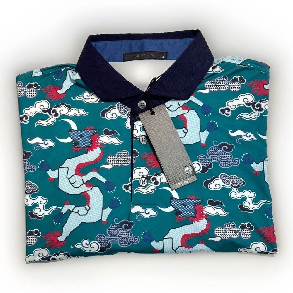 Greyson Golf Shirt Mens Medium Polo Wolf Slayer Print Jungle Green Polyester NWT